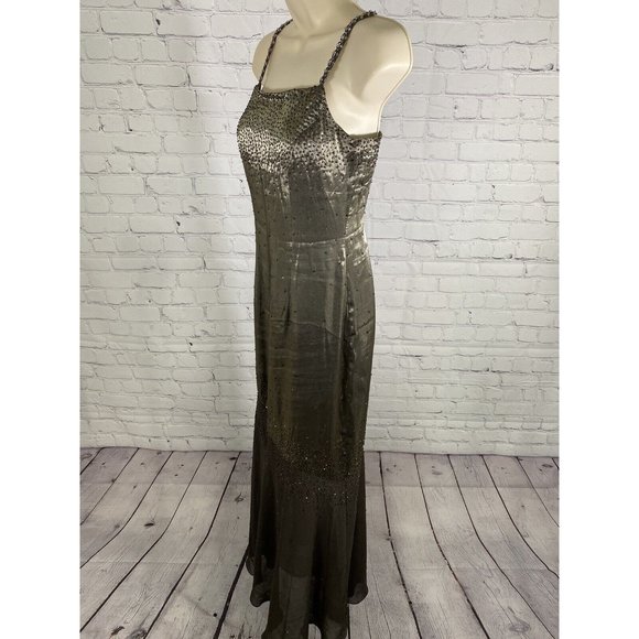 Cache Beaded Olive Green Metallic Semi Sheer Lined Body Con Prom Dress 6 - Picture 3 of 15